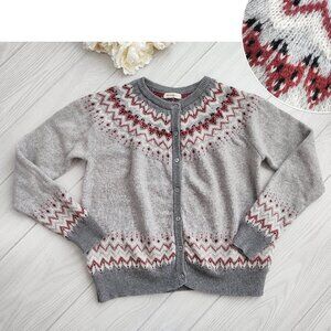WoolOvers Lambswool Fair Isle Cardigan Raglan Sweater Gray Button Up L